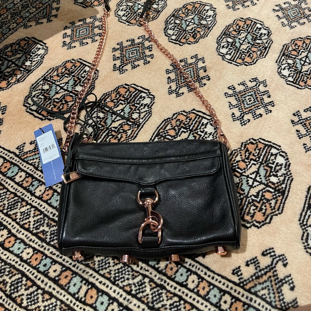 Rebecca Minkoff black leather mini Mac rose gold